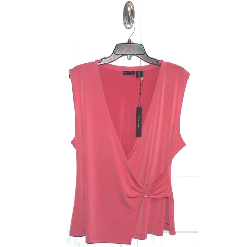 Tahari Women's Sleeveless V-Neck‎ Faux Wrap Hardware Detail Top In Coral XLarge